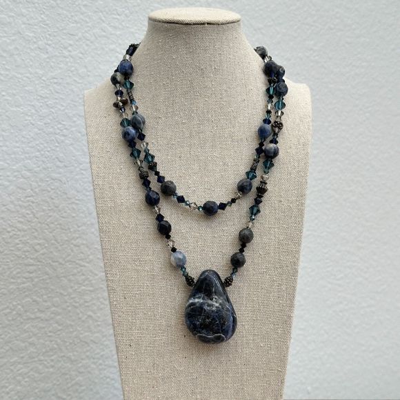 Sodalite Stone Pendant Crystal Beaded Double Strand Sterling Silver Necklace 11" - Picture 6 of 13
